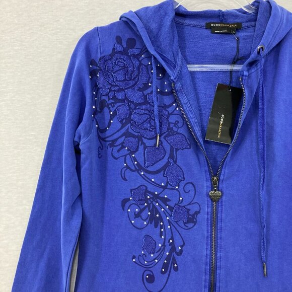 New BCBGMaxAzria Medium Blue Floral Beaded Hooded Y2K Full Zip Long Jacket - Picture 4 of 11
